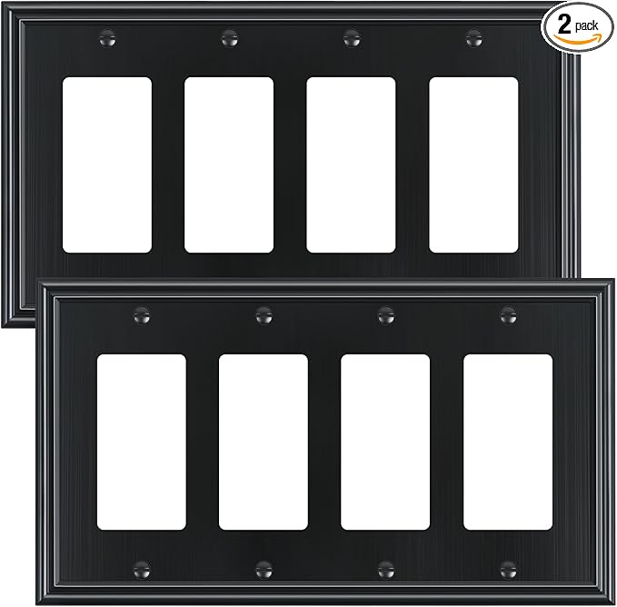 2-Pack Quad Decorator Outlet Cover Plate, Zinc Alloy Decorative Black Switch Plates and Outlet Covers, 4 Gang Wall Plates for Electrical Outlets, Receptacle, GFCI Outlet, Dimmer Switch