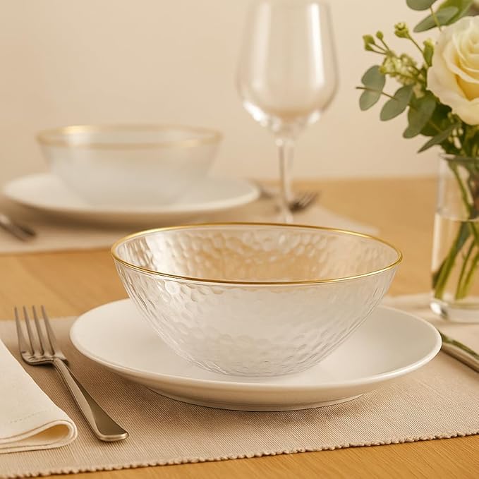 R-kay 100 Pack Hammered Gold Plastic Bowls Disposable Heavy Duty - 12 Oz Clear Plastic Bowls For Parties - Premium Clear Disposable Bowls for Hot Soup, Salads.