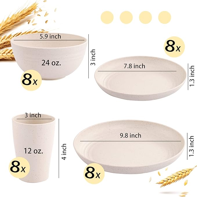 Supernal Wheat Straw Dinnerware Sets,Dish Sets for 8,Plates and Bowls Set Dishwasher Safe,Unbreakable Dinnerware,Reusable Plastic Plates,Beige Color 16pcs Plates, 8pcs Bowls, 8pcs Cups.