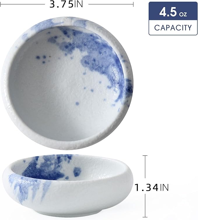 Uaral Soy Sauce Dish Sushi Dipping Bowl Pinch Bowls Japanese Small Plate Set of 6,3.75 Inch(4.5 oz Texture White)
