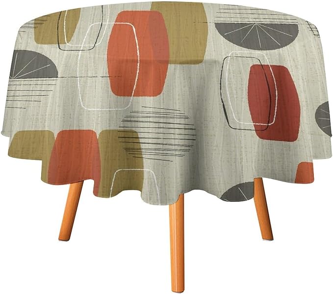 Retro Medieval Bohemian Round Tablecloth, Modern Mid Century Geometric Abstract Print Tablecloth for Home Party Dining Room Kitchen Decor 50Inch(127cm)