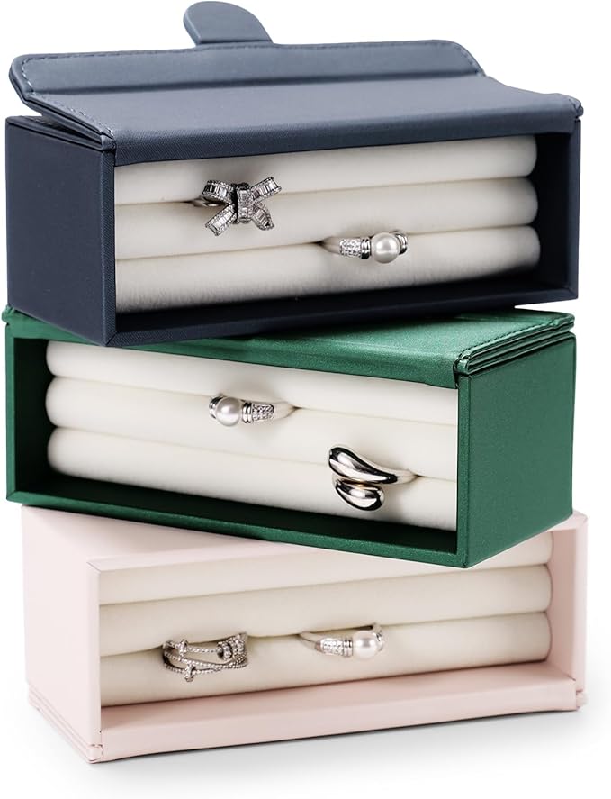 Oirlv Travel Rings Storage Box: Compact Multi-Ring Organizer Case, Premium Leather & Velvet Lined for Tangle-Free Protection, Portable Jewelry Case for Weekend Trips & On-the-Go(Green)