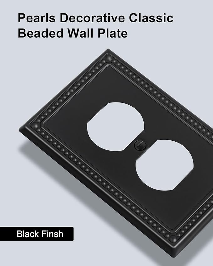 6-Pack Duplex Outlet Cover, Black Metal Wall Plates for Electrical Outlets, 1 Gang Receptacle Light Switch Cover, Pearls Beaded Decorative Switch Plates and Outlet Covers