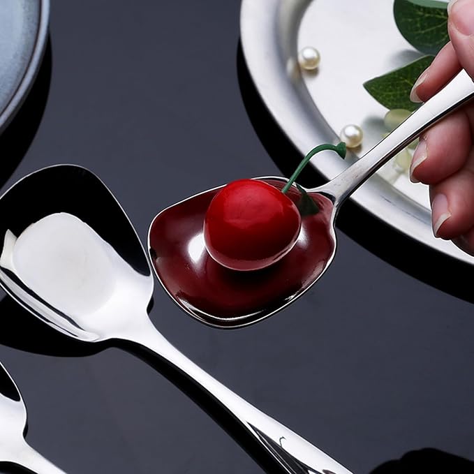 Square Head Soup Spoons, Korean Style Thick Heavy Square Dessert Spoon,Long Handled Stainless Steel Soup Spoons Table Spoons Flat Square Spoon,Set of 4,7 Inches.
