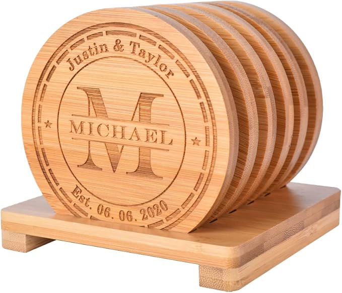 Personalized Bamboo Coasters, Custom Engraved Monogram Coasters with Holder, Great Gifts for Relatives, Friends or Yourself (Set of 6)