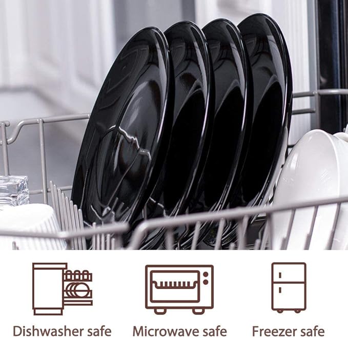 DELLING Dinner Plates Set of 6, 10 inch Ceramic Plates - Microwave, Oven, and Dishwasher Safe, Scratch Resistant - Modern Dinnerware Dish Set for Kitchen Serving - Black