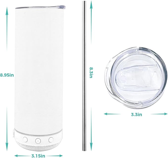20oz sublimation Music Speaker Tumbler Blank Bulk white with Glow Green 1pack,Straight music mug with straw, lid, straw brush,Reusable Travel Coffee Mug For Men and Women