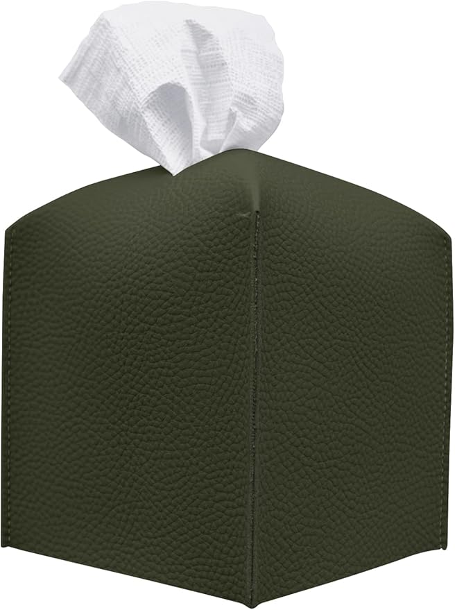 Carrotez Tissue Box Cover, [Refined] Modern PU Leather Square Tissue Box Holder - Decorative Holder/Organizer for Bathroom Vanity Countertop, Night Stands, Office Desk & Car 5"X5"X5" - Khaki