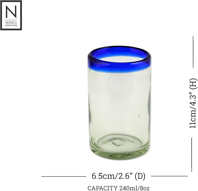 NOVICA Artisan Crafted Hand Blown Clear Blue Rim Recycled Glass Juice Glasses, 4.3In H X 2.6In Diam. 8 Oz. 'Cobalt' (Set Of 6)