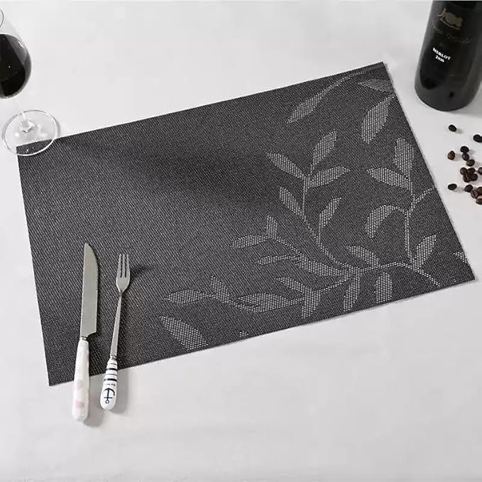 Leaf Placemats Set of 8 Non-Slip Heat-Resistant Vinyl Washable Place Mats for Kitchen Table Indoor Outdoor Durable (18"x12", Black)
