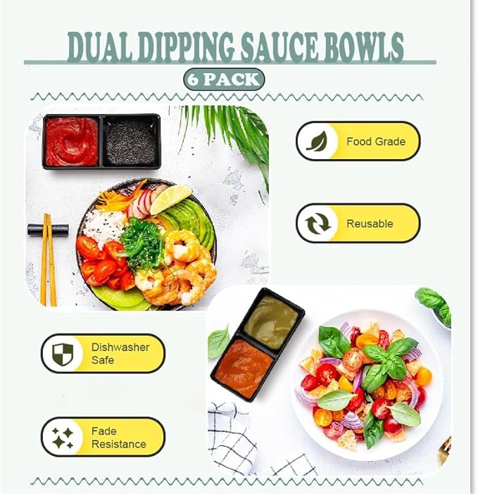 6 Pcs Dual Dipping Sauce Bowls Soy Sauce Dish Bowls Two Compartments Party Trays Divided Fondue Plates for Restaurant Kitchen Sushi Soy