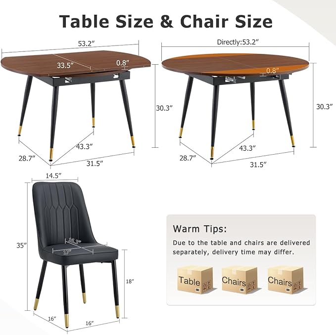 53” Round Dining Table Set for 6｜7 Piece Wood Dining Table Set｜Extendable Dining Room Table with 6 Chairs｜Walnut Wooden Tabletop with Metal Legs｜Easy Assembly｜Space Saving｜for Kitchen, Living Room