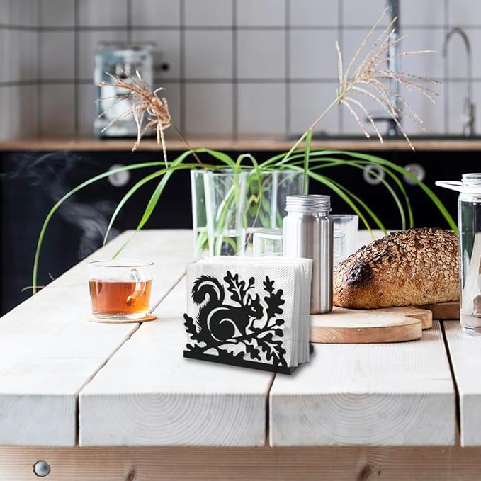 Squirrel Decorative Black Metal Napkin Holder for Table, 5.3" x 4.3" x 1.9" Squirrel Aniaml Standing Napkin Holder for Home Kitchen Restaurant Picnic Party Coffee Bar Dining Room