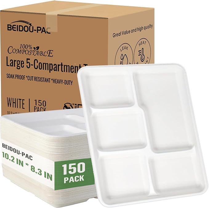 5 Compartment Compostable Heavy Duty Disposable Paper Plates, 150 Count | 10.2" X 8.3" | Natural Bagasse, White Biodegradable Eco-Friendly School Lunch, Buffet, Party Sugarcane Tray