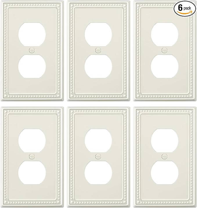 6-Pack Duplex Outlet Cover Plate, Light Almond Metal Wall Plates for Electrical Outlets, 1 Gang Receptacle Light Switch Cover, Pearls Decorative Switch Plates and Outlet Covers