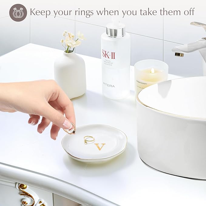 ProCase Ceramic Jewelry Tray, Initial Ring Dish Trinket Plate Engagement Gift, Small Personalized Monogram Ring Bowl for Wedding, White Decorative Jewelry Holder for Women Vanity -LetterV