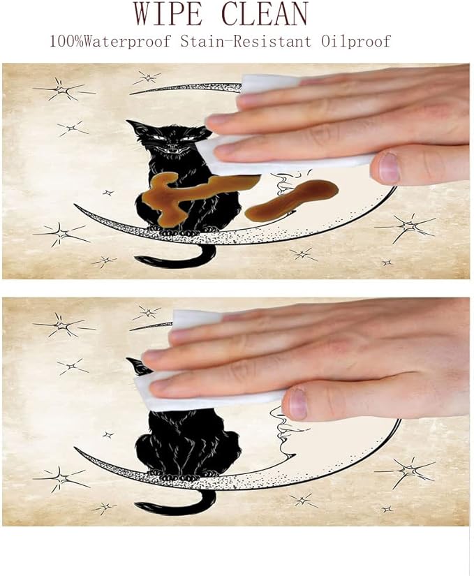 Round Tablecloth, Moon Tablecloth for Side Table, Black Cat Sitting on White Crescent Moon, Fit Round Tables 32inch Diameter, for Outdoor Indoor Use, Sand Brown Black
