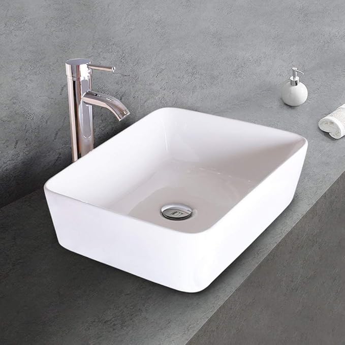 eclife Bathroom Ceramic Sink Bowl Classic White Rectangle Porcelain Vessel Sink and Faucet Combo for Bathroom Countertop Bowl Sink & Chrome Pop Up Drain (T03)