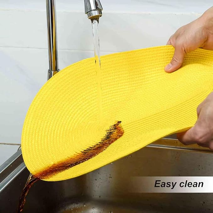 FunWheat Oval Braided Placemats Set of 6 Table Mats for Dining Tables Washable Heat Resistant Place mats for Daily Use12 x18 Inch (Oval Yellow, 6pcs)