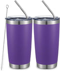 COMOOO 20oz Double Wall Vacuum Insulated Travel Mug, Stainless Steel Tumbler with Lid and Straw Durable Powder Coated Insulated Coffee Cup for Cold & Hot Drinks (Purple. 2 Pack