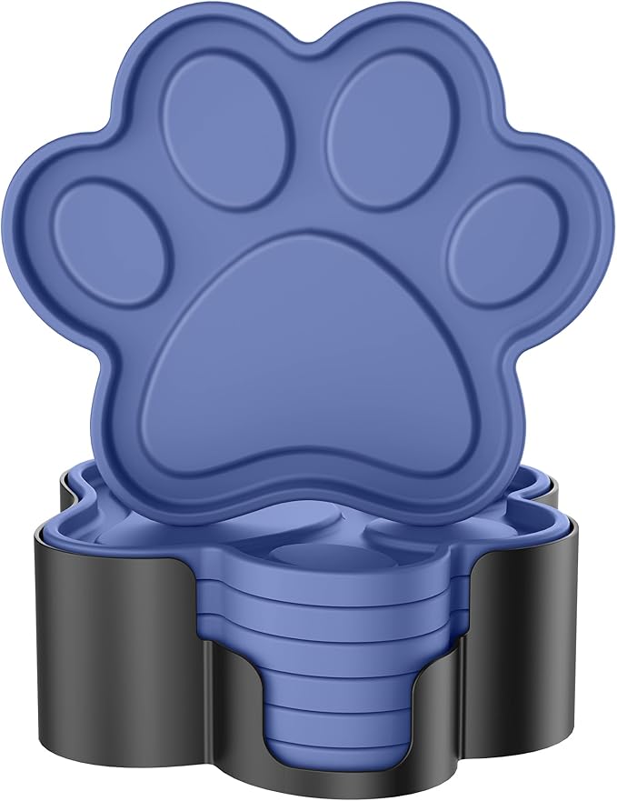 ME.FAN Silicone Coasters 6 Pack Paw Cup Mat with Holder, Dog Cat Paw Shape, for Hot or Cold Drink, Non-Slip, Non-Stick, Room Decor, Housewarming Navy Blue