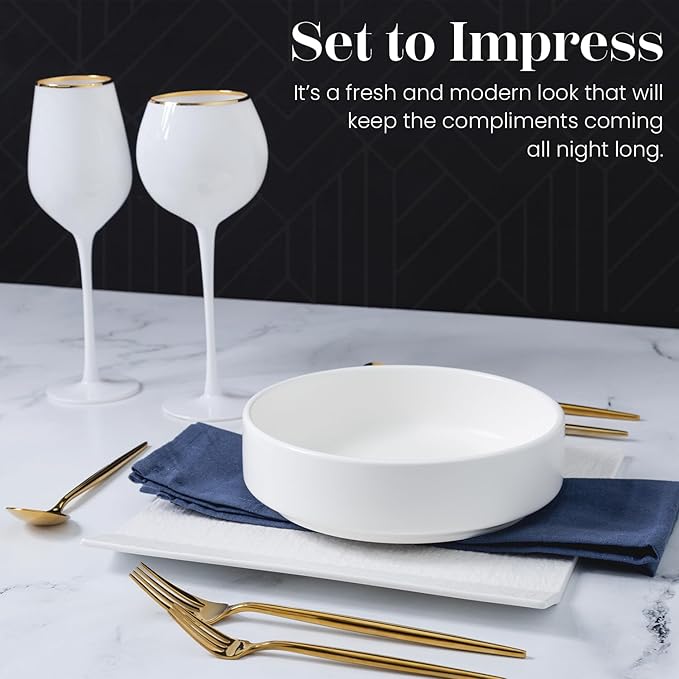Vikko Modern Salad Bowls, Set of 6 Matte White Porcelain Bowls, Stackable 50 oz Elegant Restaurant Style Salad Bowl Set, Microwave and Dishwasher Safe