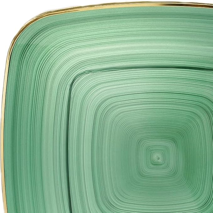 " OCCASIONS " 50 Plates Pack (25 Guests)-Wedding Party Disposable Plastic Plate Set -25 x 10'' Dinner + 25 x 7'' Salad & Dessert plates (Belize Square in Green & Gold)