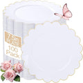 LIYH 100 Pcs Gold White Dessert Plates - 7.5" Disposable Fancy Cake Plates - White with Gold Rim Premium Hard Appetizer Cake Plastic Wedding Plate for Party,Bridal Shower,Birthday,Valentine's Day