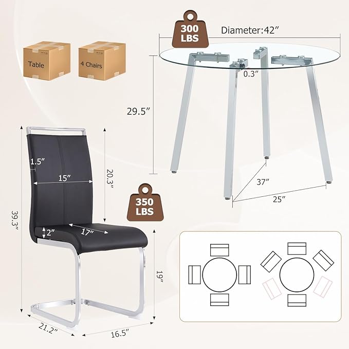 42" Round Glass Dining Table Set for 4,Modern Breakfast Table Set for 4 with Silver Chrome Legs,Space Saving Kitchen Table and Black Chairs for Apartment,Easy Assembly