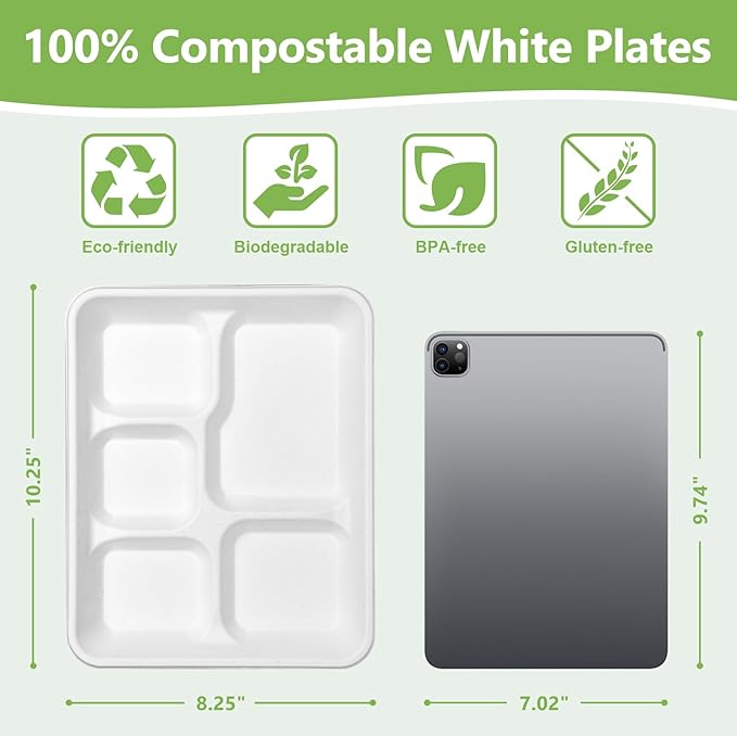 Compostable 5 Compartment Plates Disposable, 10.25 x 8.25 inch, 125 Pack Divided Paper Plates Heavy Duty, Biodegradable Eco-Friendly Bagasse Sectional School Lunch Trays, White 10 inch