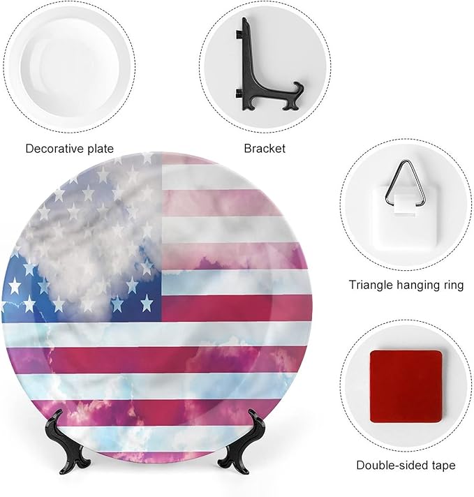 Decorative Plates, American Flag Print Ornament, Flag Clouds Memorial, 8 Inch, Kitchen Wall Decor, Multicolor