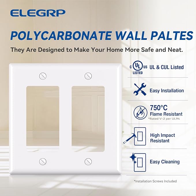 ELEGRP 2-Gang Decorative Wall Plates, Standard Size 4.53" H x 4.57" L Unbreakable Thermoplastic Faceplate Cover for Decorator Receptacle Outlet Switch, UL Listed (10 Pack, Glossy White)