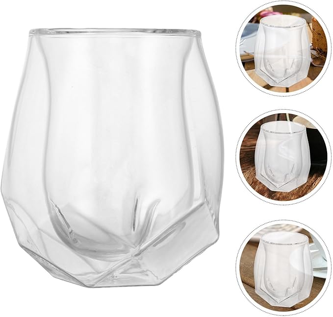 Double Wall Whiskey Glass with Pentagonal Base, Creative Small Tumbler for Home Parties, Ribbed Insulated Glassware for Women and Cocktail Enjoyment