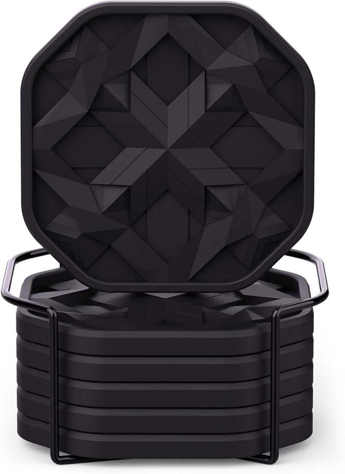 UMIRRO Silicone Cup Coasters for Drinks with Holder, Modern Home Bar or Kitchen Essentials, Black House Decor Gifts, Small Unique Birthday Gift Ideas for Men, Dad, Him, Women, Mom, Her, 4", Set of 6