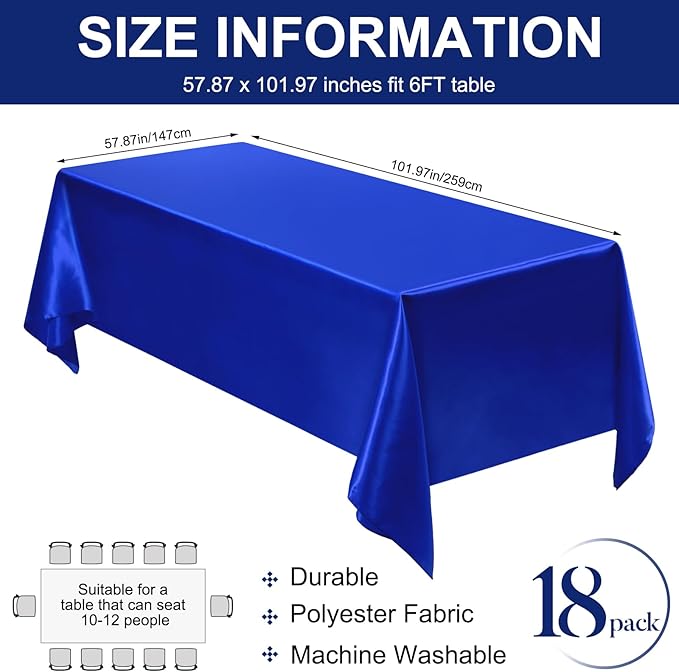 Moukeren 18 Pack Rectangle Tablecloths 58 x 102 Inch Table Cloth Reusable Washable Polyester Table Clothes Bulk for 6 ft Tables for Wedding, Party, Restaurant (Blue)