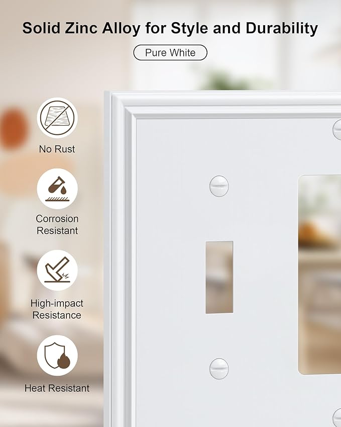 2-Pack Combo Toggle/Decorator Light Switch Cover Plate, Pure White Decorative Electrical Outlet Covers, Durable Solid Zinc Alloy Wall Switch Plates and Outlet Covers
