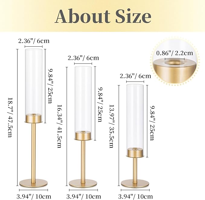 Hewory Gold Candle Holders, 12Pcs Brass Hurricane Candlestick Holders with Glass Candle Cover for Wedding Table Centerpiece Christmas Decor