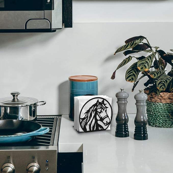 Horse Head Decorative Black Metal Napkin Holder for Table, 4.9" x 4.5" x 1.9" Horse Aniaml Standing Napkin Holder for Home Kitchen Restaurant Picnic Party Coffee Bar Dining Room