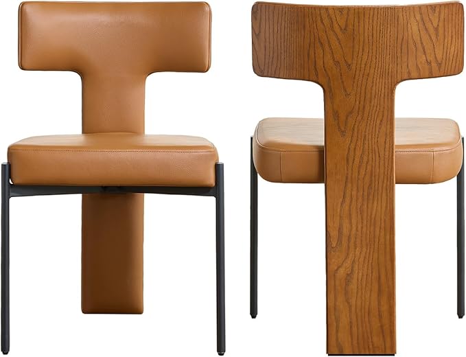 Brown Dining Chairs Set of 2,Faux Leather Dining Chairs with Soft Cushion,Comfortable Upholstered Armless Dining Room Chairs with Curved Plywood Back