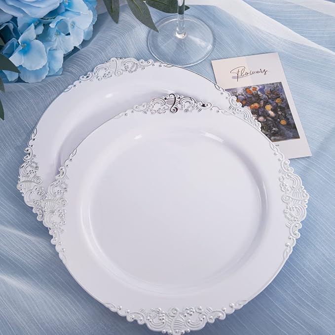 Hioasis 100pcs White Silver Plastic Plates - 10.25" Dinner Plates Disposable, Heavy -duty, Classy and Elegant for Thanksgiving