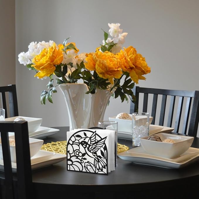 Hummingbird Decorative Black Metal Napkin Holder for Table, 4.9" x 4.9" x 2" Bird Flower Standing Napkin Holder for Home Kitchen Restaurant Picnic Party Coffee Bar Dining Room