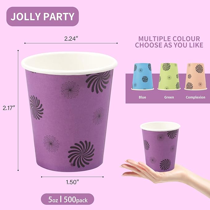 500 Pack 5oz Disposable Paper Cups, Colorful, Small Mouthwash, Mini for Party, Picnics, Barbecues, Travel, Wave Point