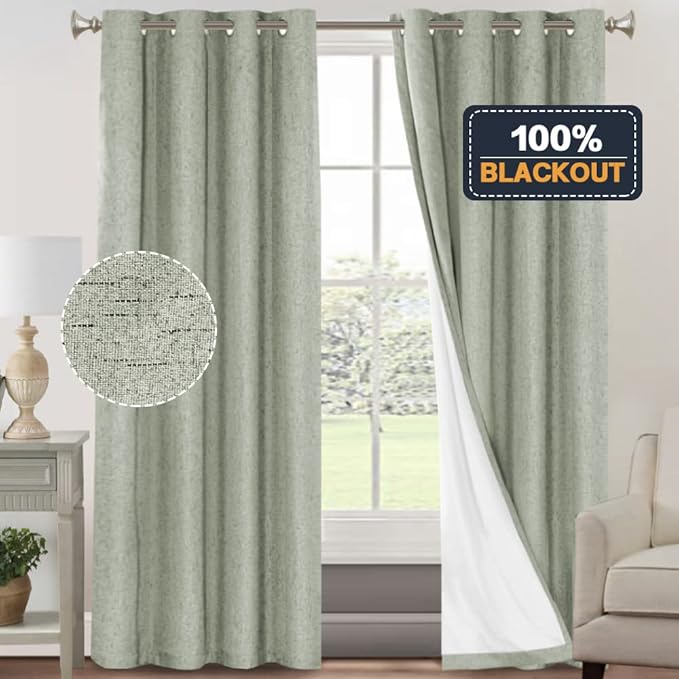 PrinceDeco 100% Blackout Curtains for Bedroom Window Treatment Thermal Insulated Warm Drapes for Winter Linen Textured Curtains Heat and Full Light Blocking Drapes 2 Panel Sets,Sage,52x84 Inch