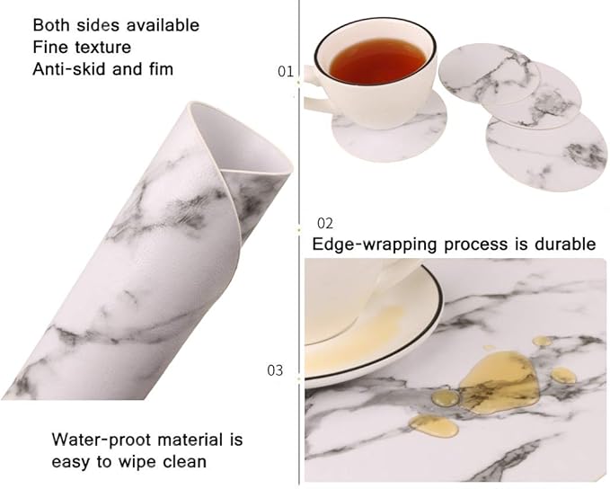Set of 8 Marble Round Placemats and Coasters, Faux Leather Waterproof Table Mats, Easy to Wipe Off for Kitchen Dining Round Table