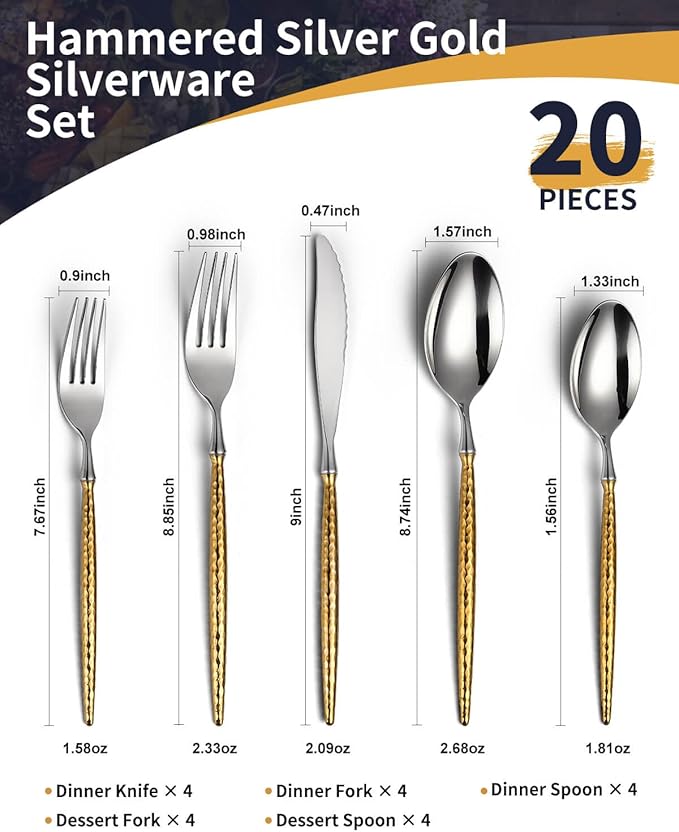 Lemeya 20-Piece Hammered Silver Gold Silverware Set,18/10 Stainless Steel Forging Heavy Duty Cutlery Set for 4, Luxury Unique Flatware Set,Spoons and Forks Set,Mirror Polished,Dishwasher Safe