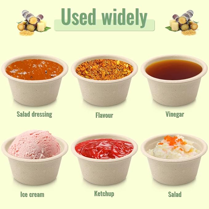LeonBach 100 Pack Natural Bagasse Fiber Bowls 2oz Disposable Paper Cups Microwavable Safe Sample Snack Charcuterie Serving Cups Disposable Ramekins for Sauce Portion Condiment Ice Cream Desserts