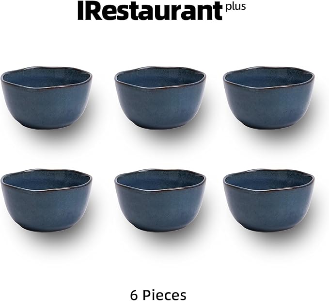 Organic Shape Highland Ceramic Cereal Bowl, 6pcs 5.5 Inch Reactive Glaze Stoneware Rice bowl with Wavy Edge, for Kitchen, Microwave & Dishwasher Safe, Scratch Resistant-Blue