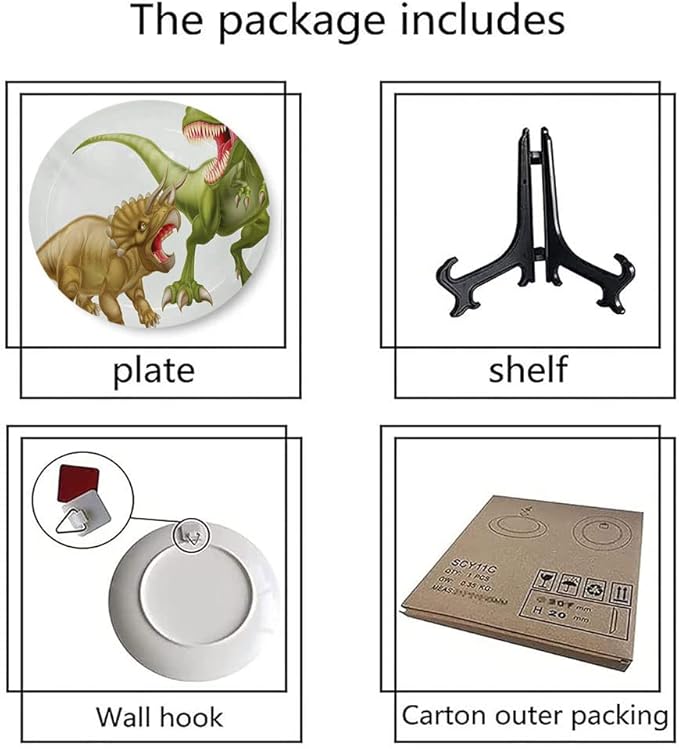 Ceramic Display Plate, Dinosaur Ceramic Hanging Decorative Plate, Rex Versus Triceratops Scaring Each Other, 10 Inch, Living Room Kitchen Decoration Household, Green Pink Pale Brown