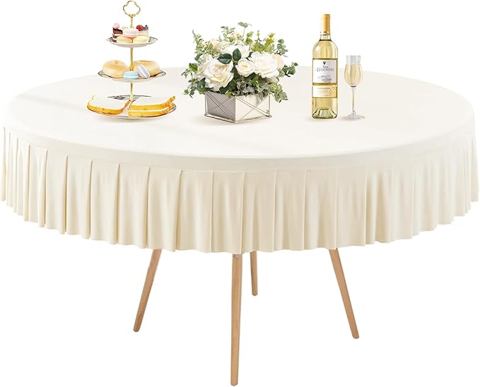 Ivory Spandex Round Tablecloths - 60 inch Fitted Table Cover with Skirt for Wedding Party Dining Banquet