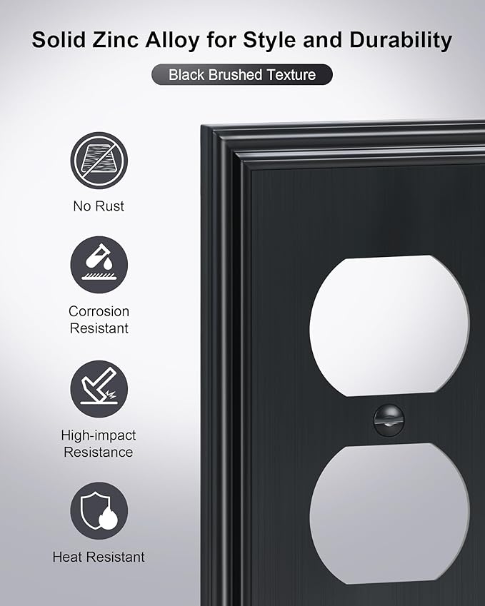 6-Pack Single Duplex Outlet Cover Plate, Decorative Black Switch Plates and Outlet Covers, Metal Wall Plates for Electrical Outlets, 1 Gang Receptacle Cover, Corrosion Resistant